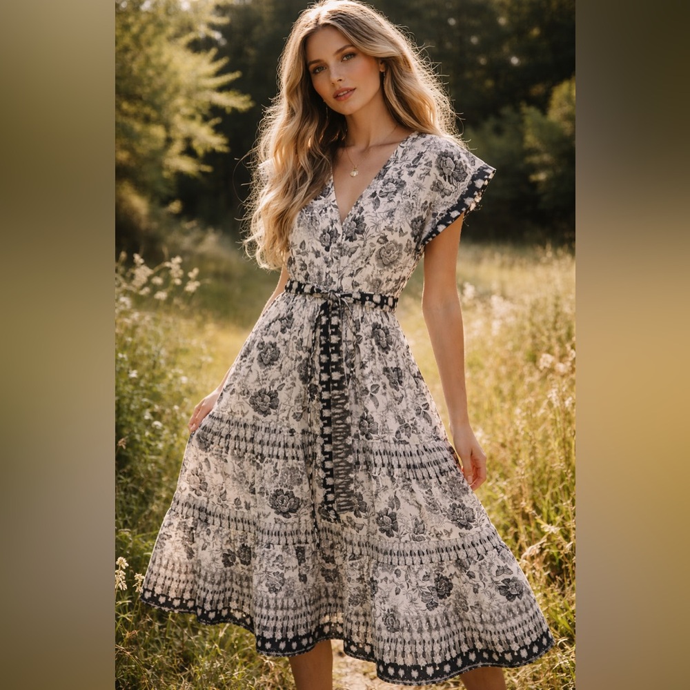 Abercrombie & Fitch Dress‎ XLT Cottagecore Prairie Floral Toile Mido Boho Belted